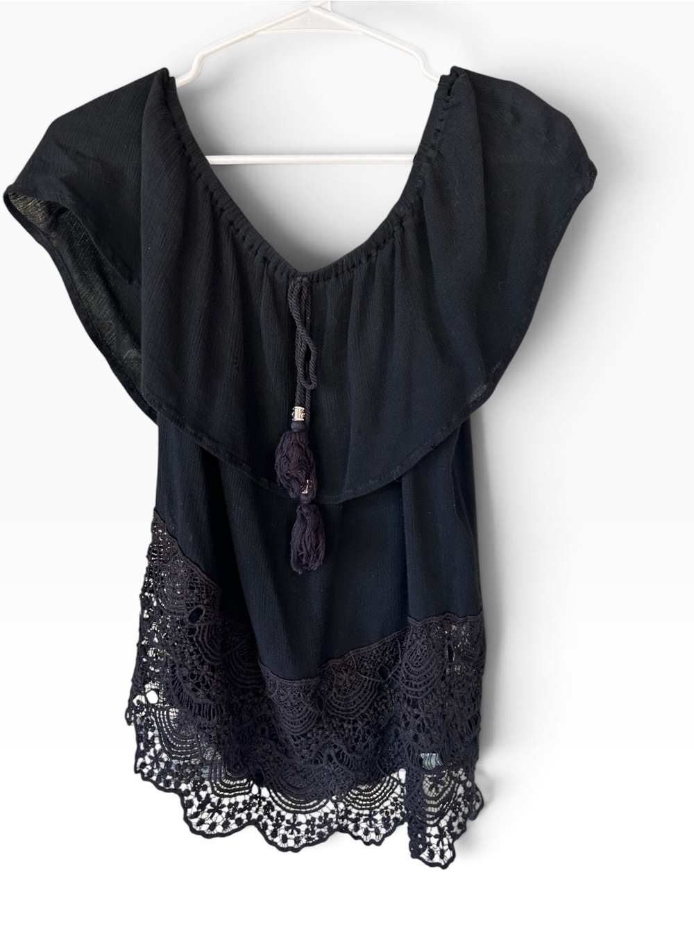 Black Crochet-Hem Women’s Top - Boho Ruffle Neck medium